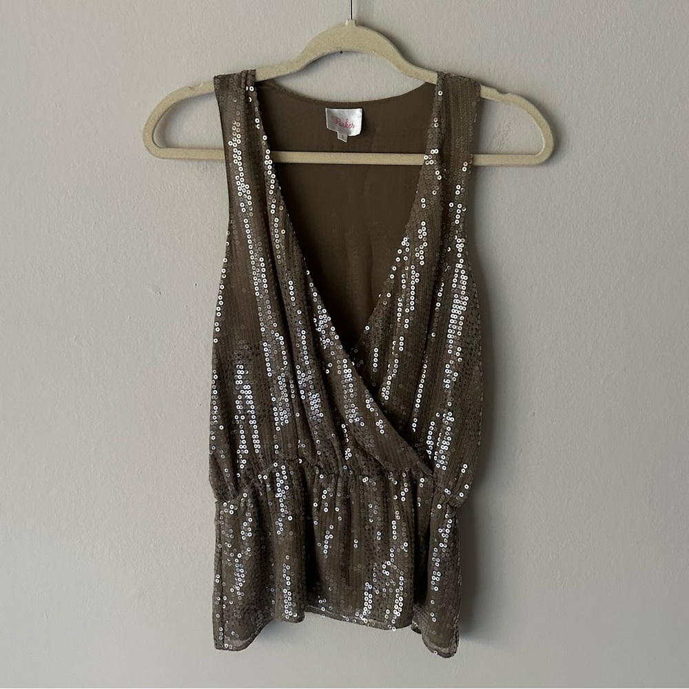 Parker 90s Boho Sequin Silk Vneck Tank Tan Small